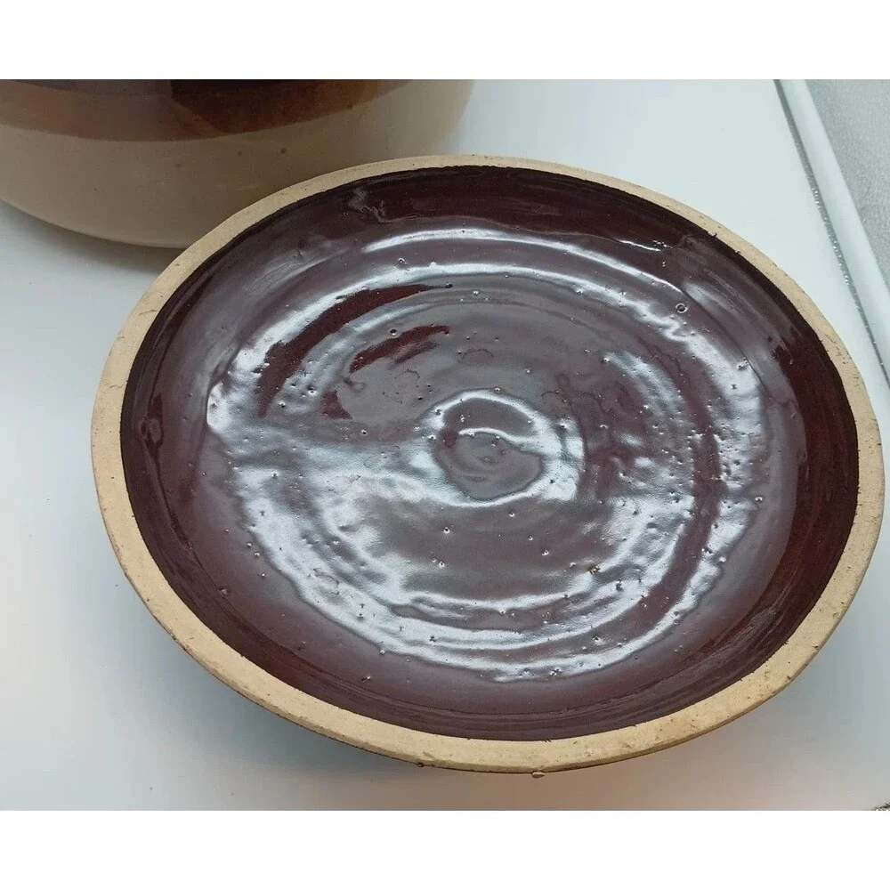 Vintage Stoneware Two-tone Brown Bean Pot 12-in Extra Large Lid